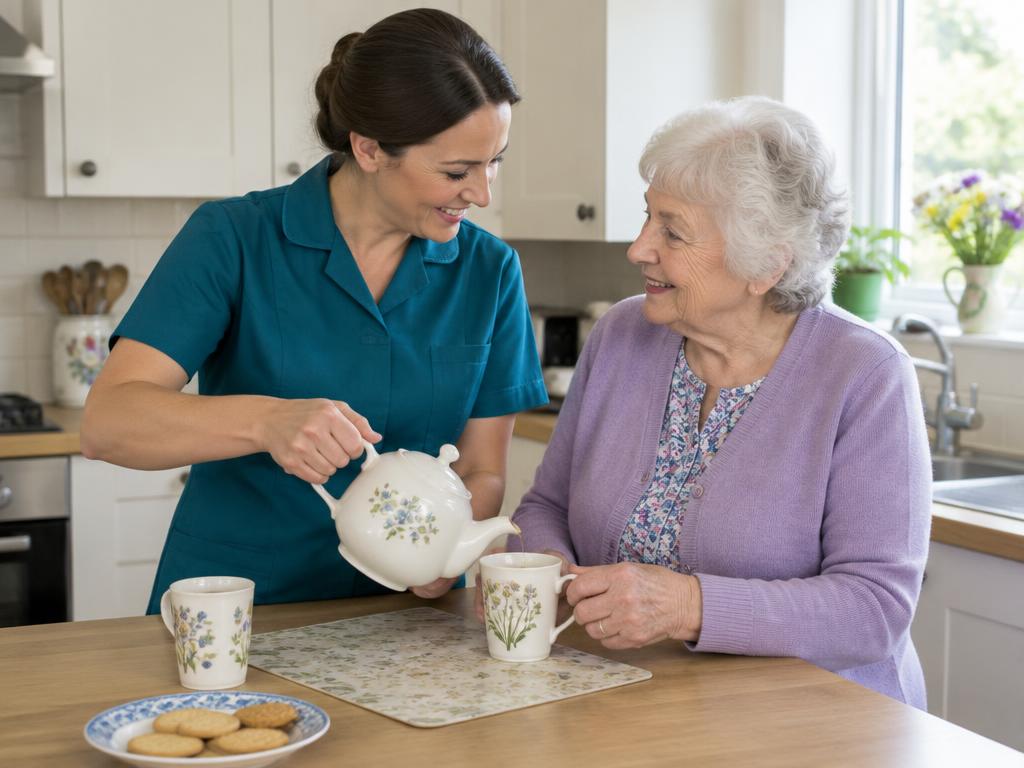 A care professional making tea with an older woman at home