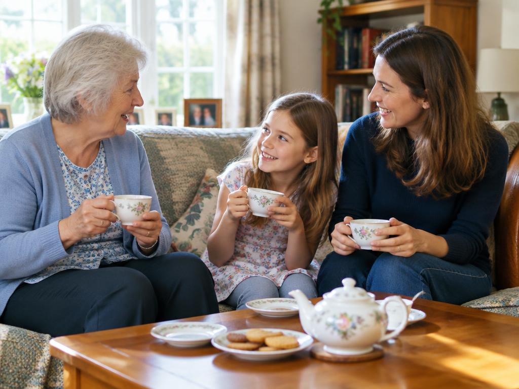Three generations enjoying tea and conversation together