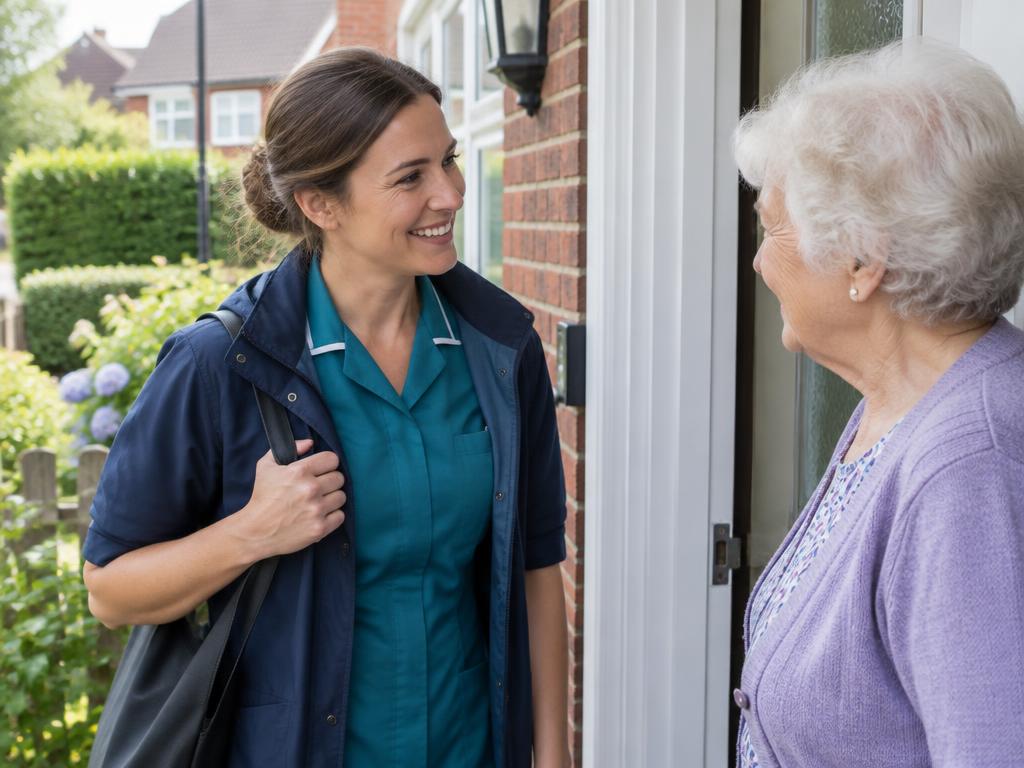 A home care professional arriving for a friendly visit
