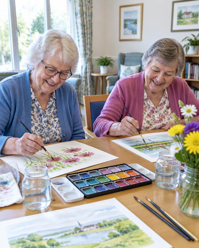 Two residents enjoying a watercolour activity together