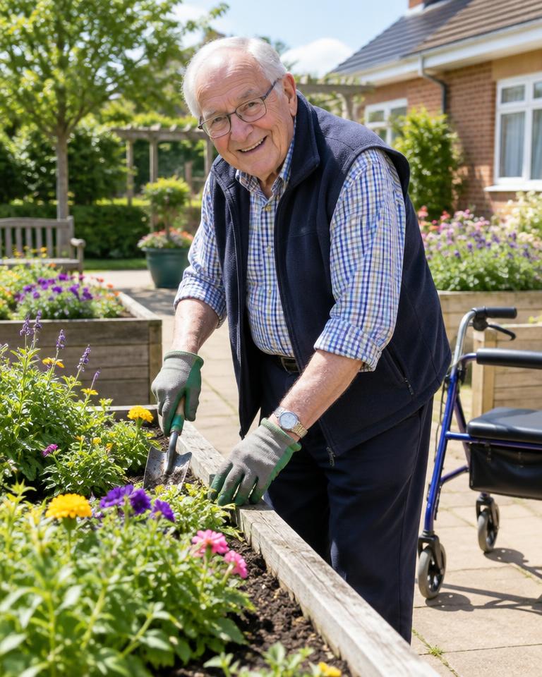 A resident tending flowers in an accessible garden