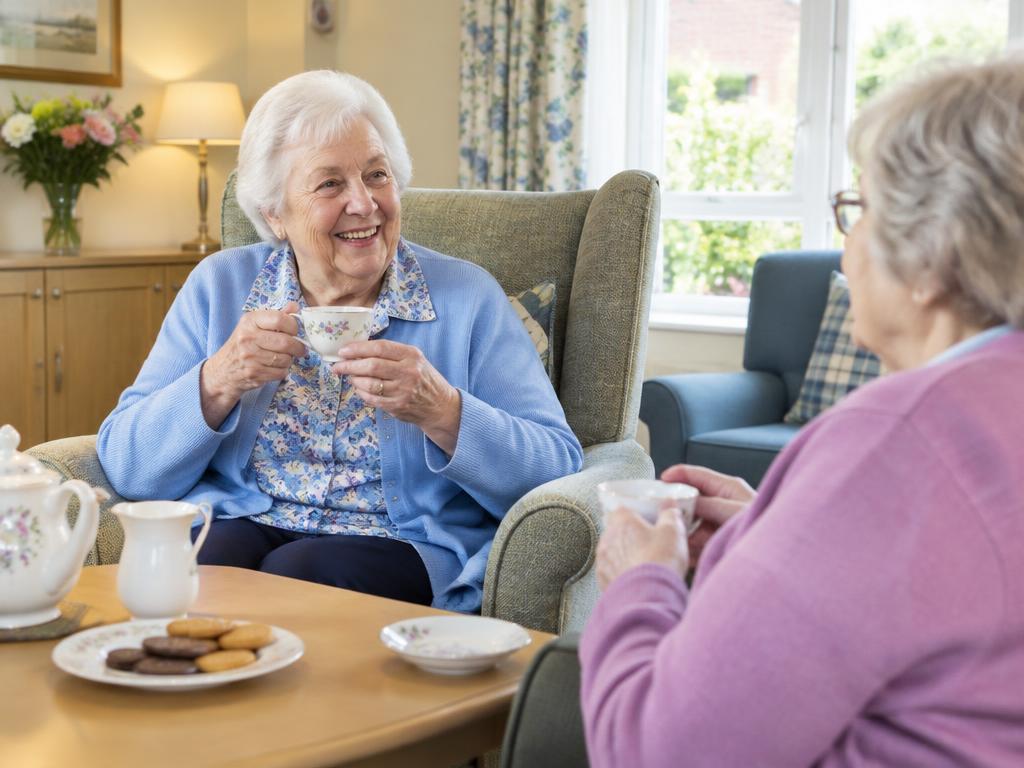 Two residents enjoying afternoon tea and conversation